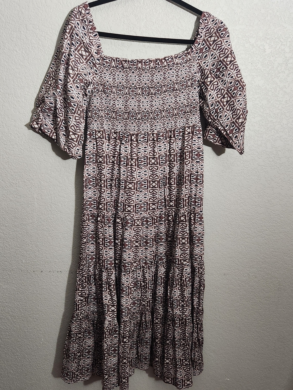 Noonday Collection Brown and Cream Smocked Square-Neck Midi Dress